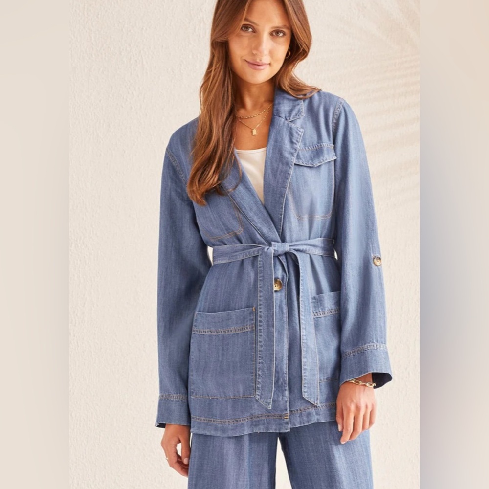 Tribal tencel chambray Women's Denim Belted lightweight flattering Jacket New XS
